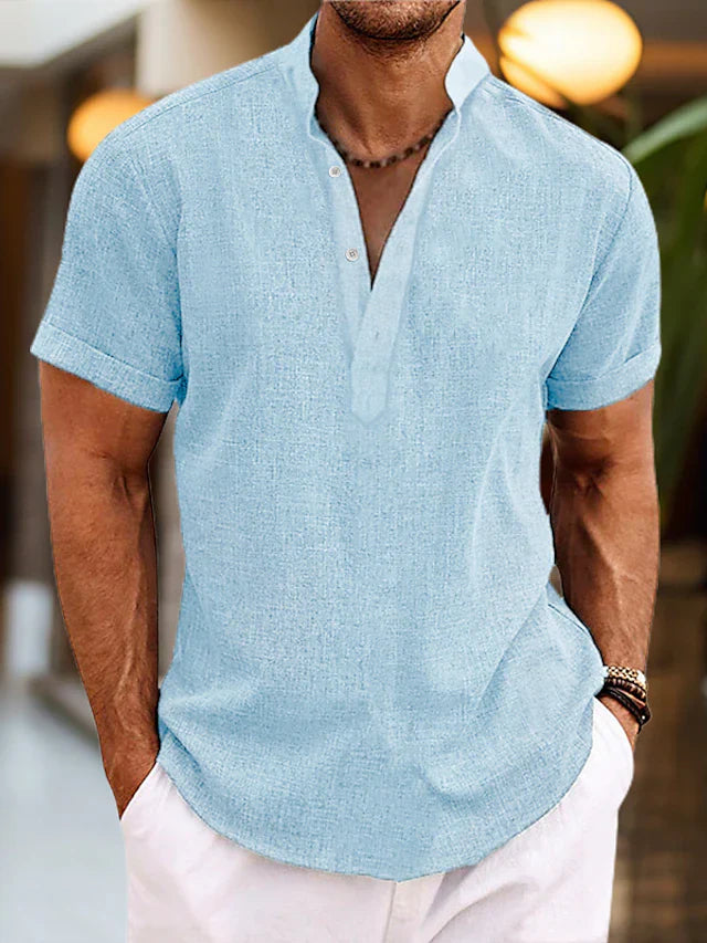 Heren Henley Shirt met Korte Mouwen - Opstaande Kraag en Stof met Textuur
