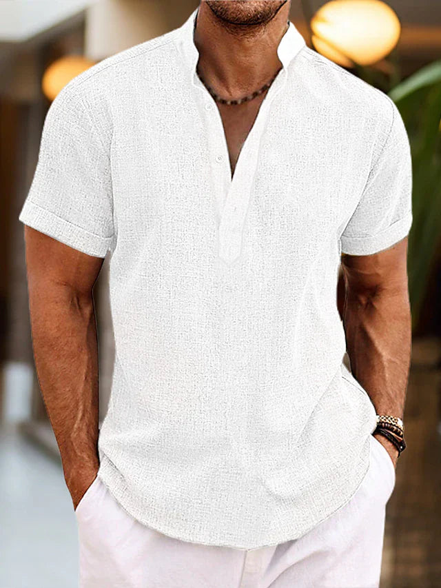 Heren Henley Shirt met Korte Mouwen - Opstaande Kraag en Stof met Textuur