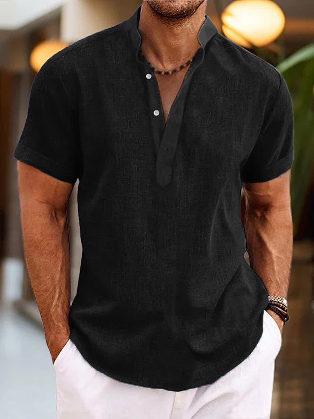 Heren Henley Shirt met Korte Mouwen - Opstaande Kraag en Stof met Textuur