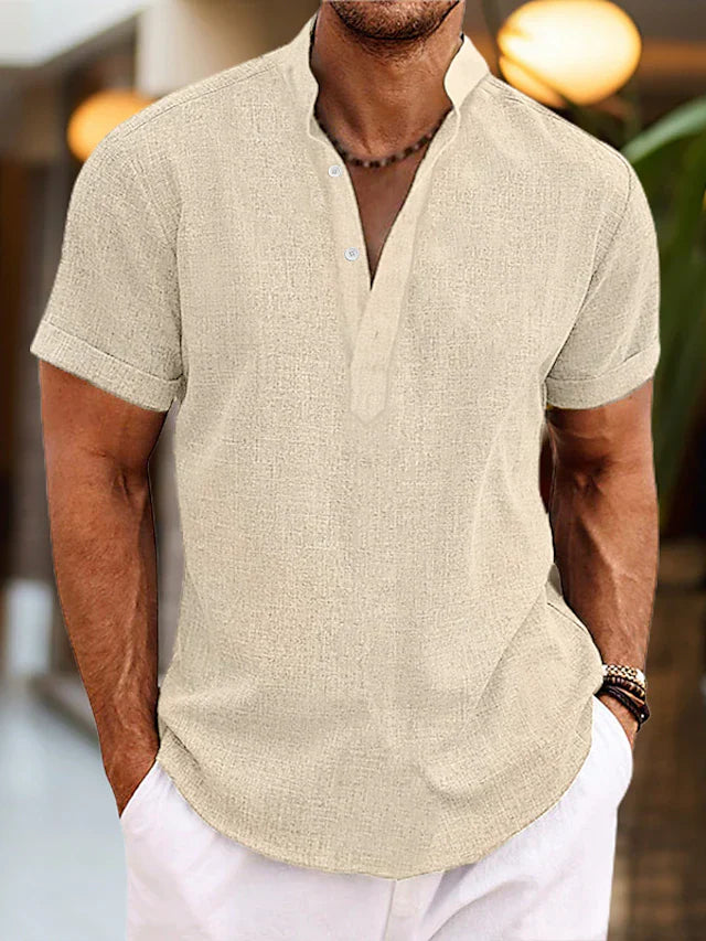 Heren Henley Shirt met Korte Mouwen - Opstaande Kraag en Stof met Textuur