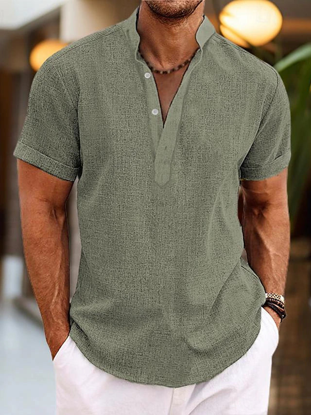 Heren Henley Shirt met Korte Mouwen - Opstaande Kraag en Stof met Textuur