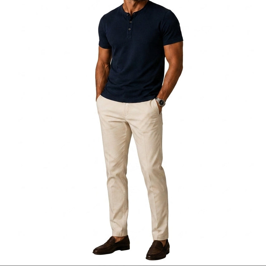 Heren Henleyshirt met Korte Mouwen - Jersey Top met Knoopsluiting