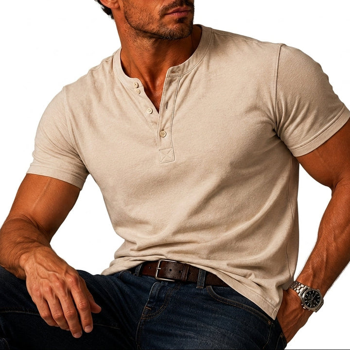 Heren Henleyshirt met Korte Mouwen - Jersey Top met Knoopsluiting