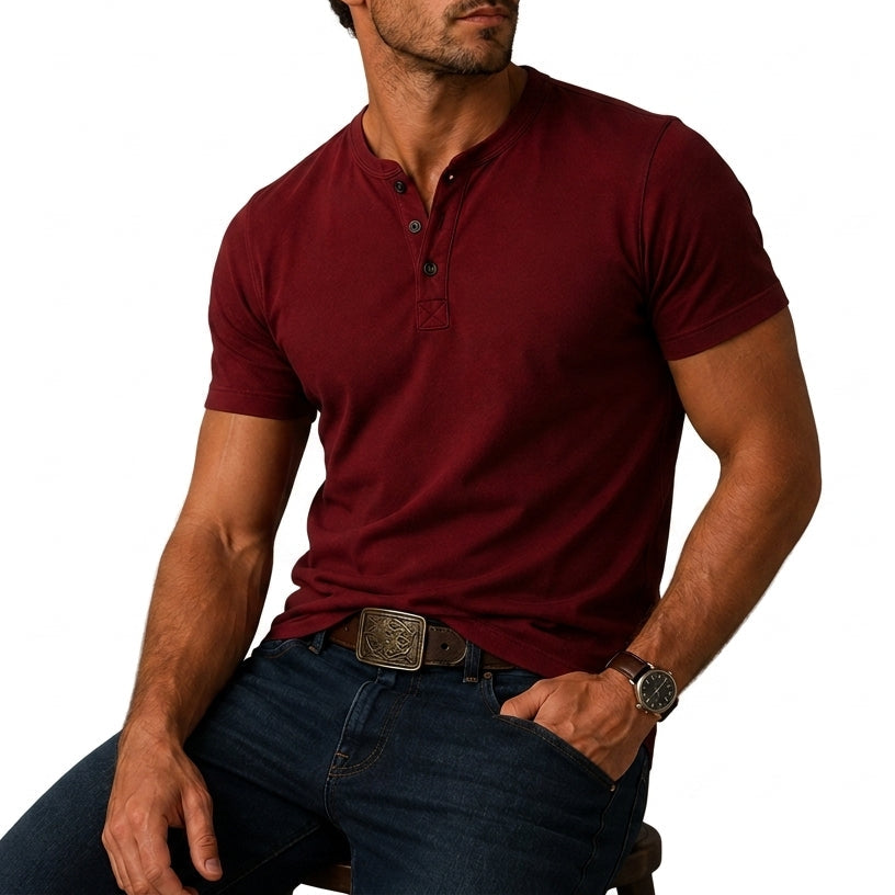 Heren Henleyshirt met Korte Mouwen - Jersey Top met Knoopsluiting