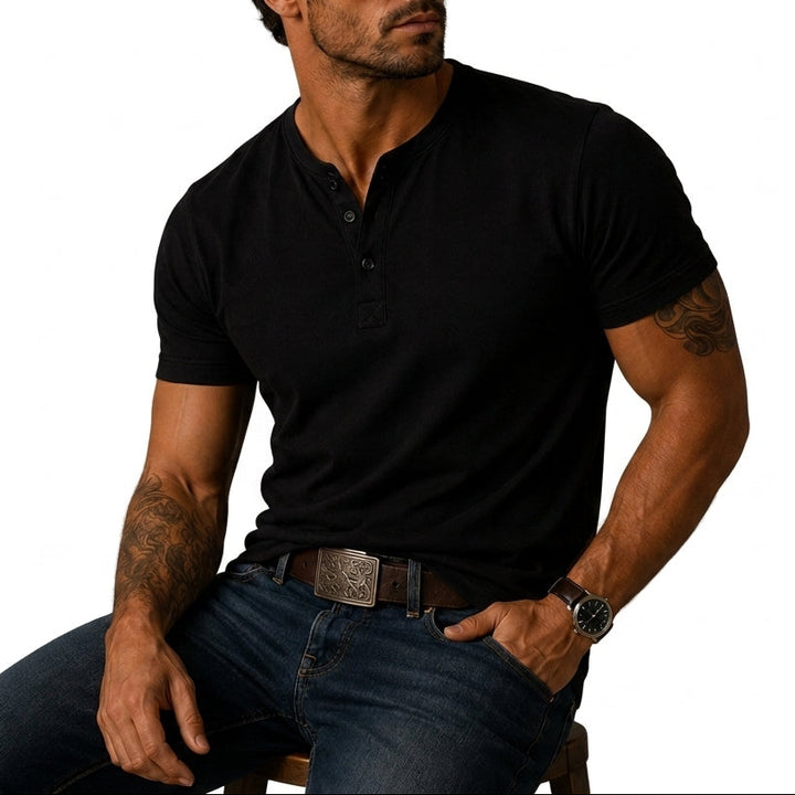 Heren Henleyshirt met Korte Mouwen - Jersey Top met Knoopsluiting