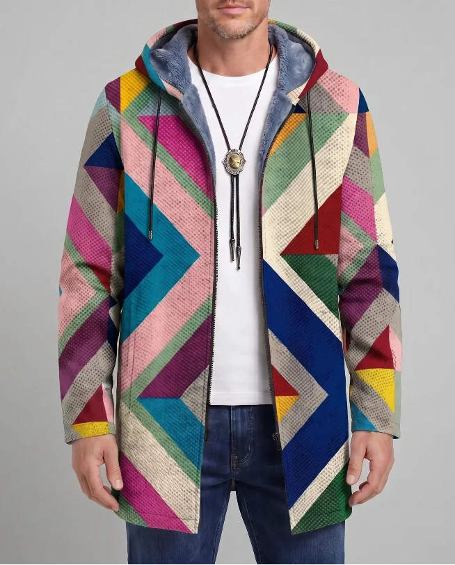 Heren Lange Jas met Capuchon - Geometrische Print en Ritssluiting