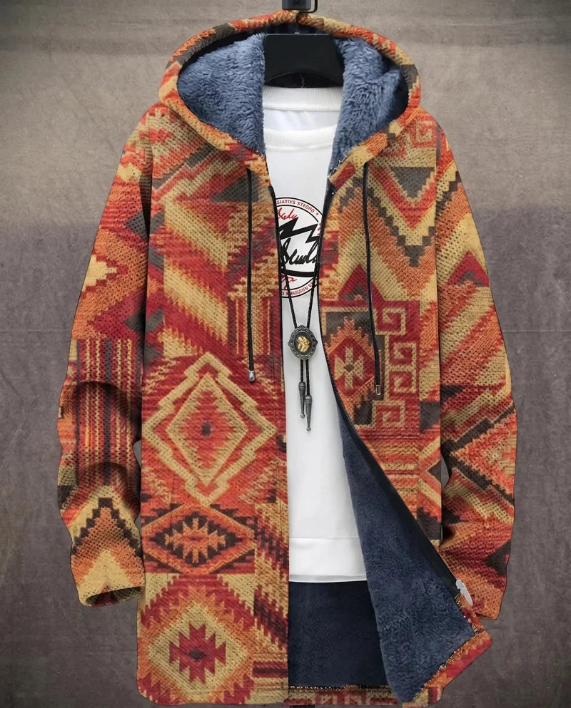 Heren Lange Jas met Capuchon - Geometrische Print en Ritssluiting