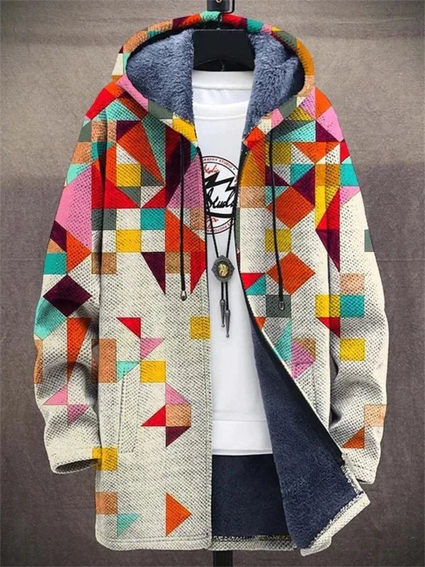 Heren Lange Jas met Capuchon - Geometrische Print en Ritssluiting