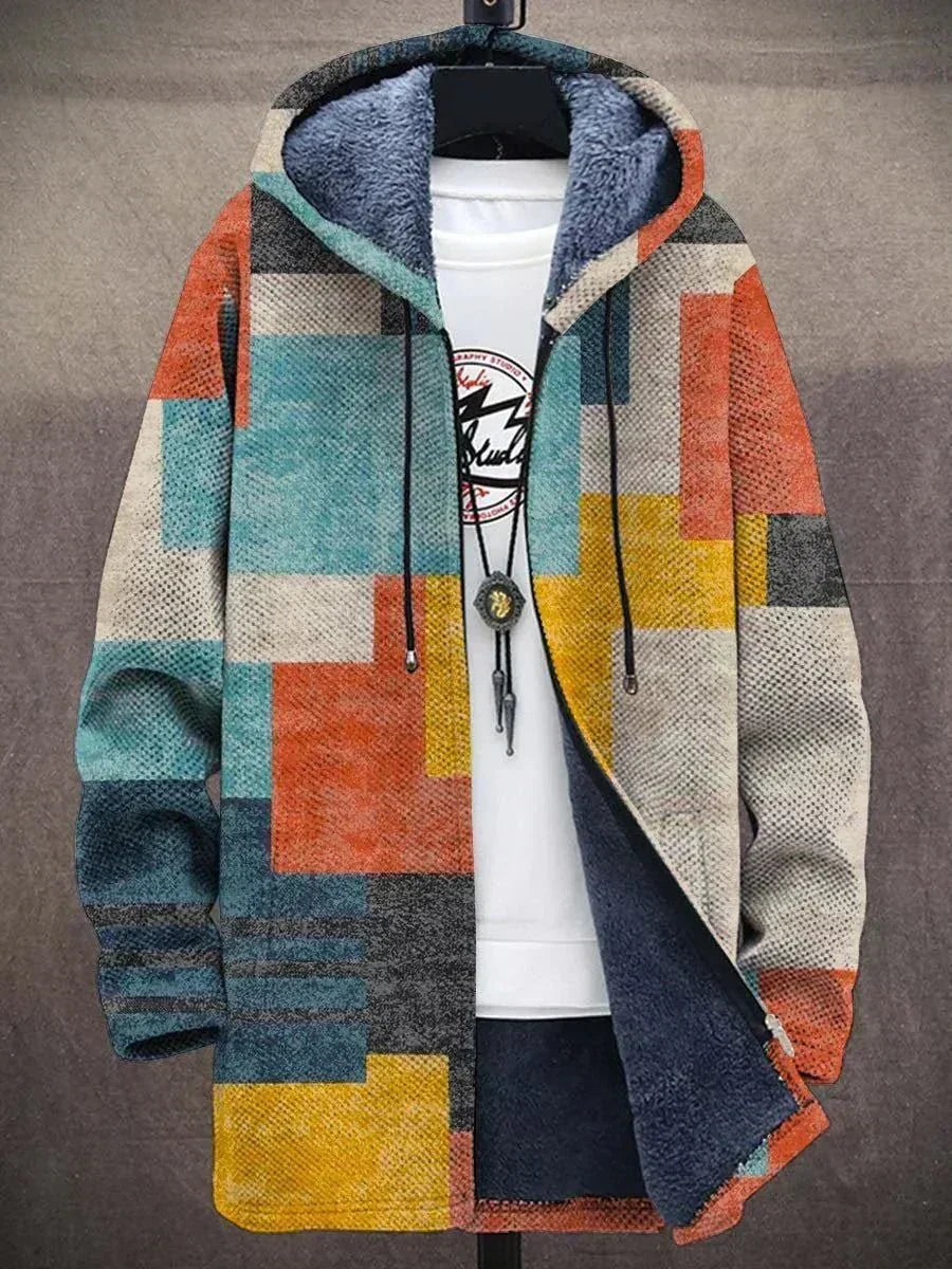 Heren Lange Jas met Capuchon - Geometrische Print en Ritssluiting