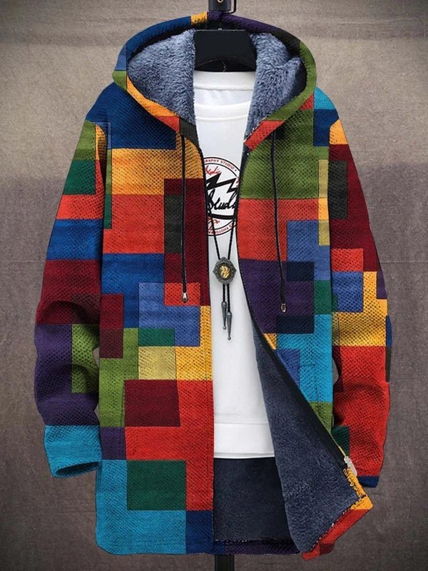 Heren Lange Jas met Capuchon - Geometrische Print en Ritssluiting