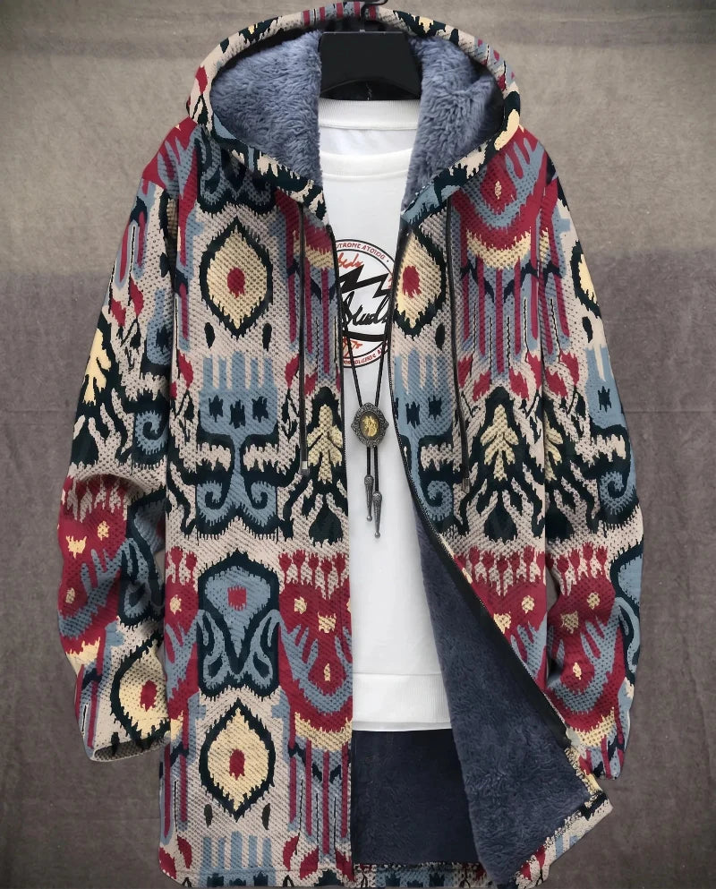 Heren Lange Jas met Capuchon - Geometrische Print en Ritssluiting