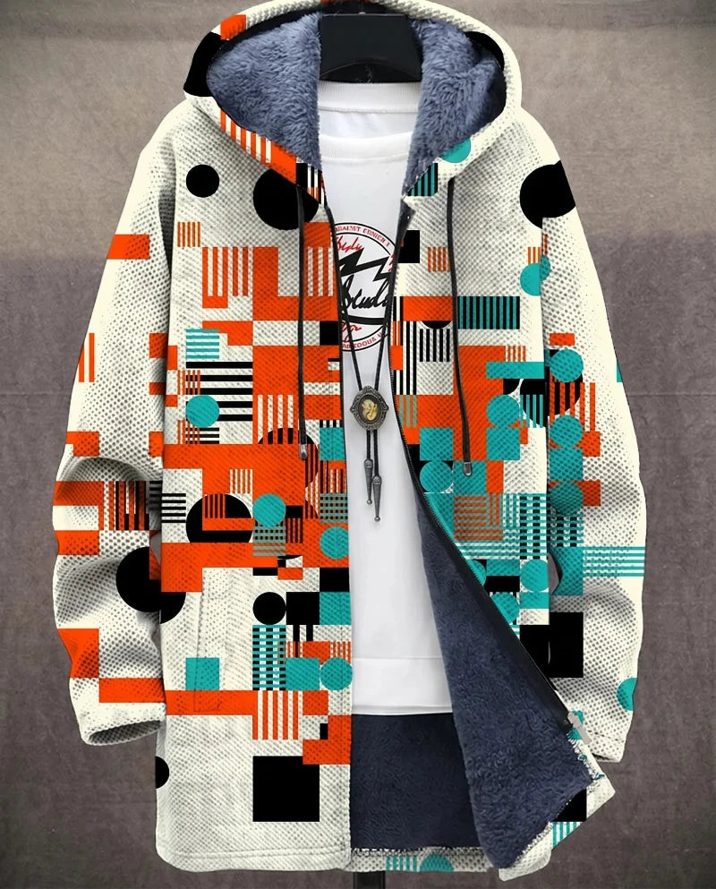 Heren Lange Jas met Capuchon - Geometrische Print en Ritssluiting