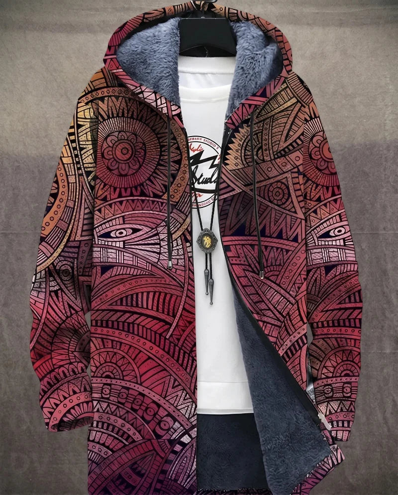 Heren Lange Jas met Capuchon - Geometrische Print en Ritssluiting
