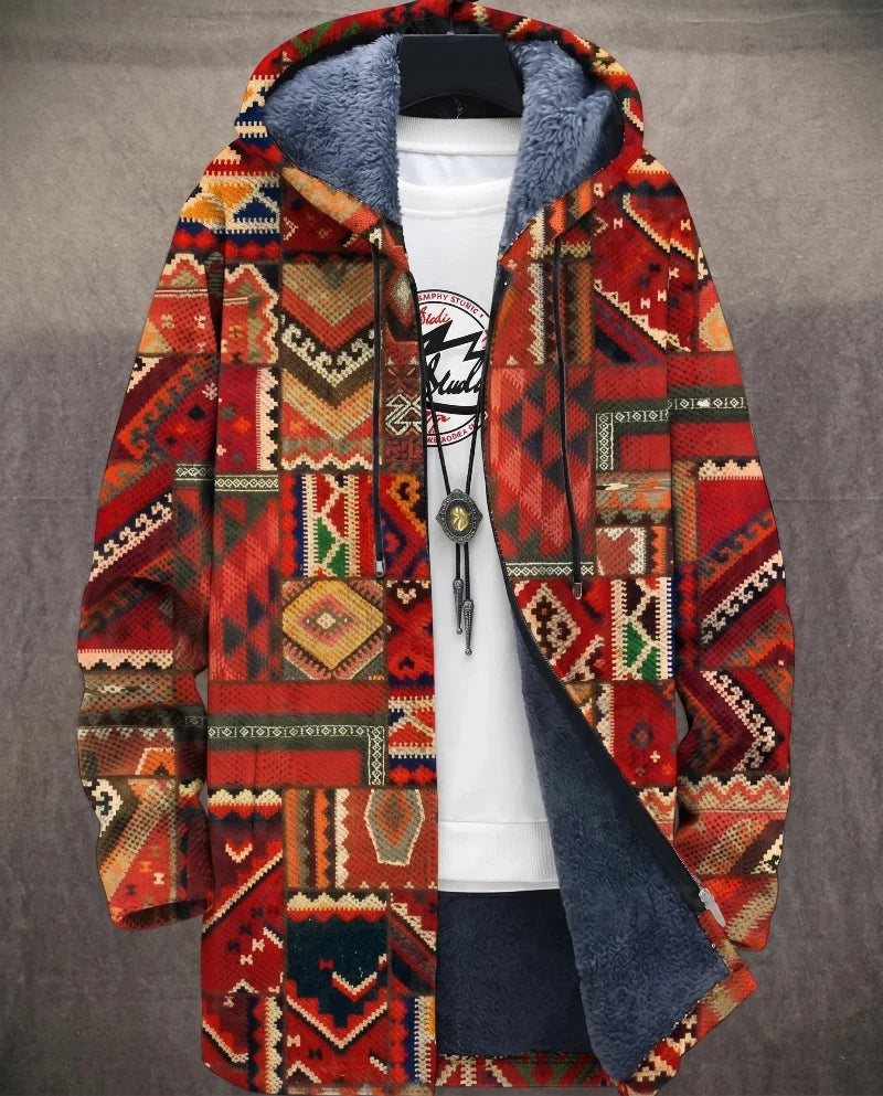 Heren Lange Jas met Capuchon - Geometrische Print en Ritssluiting
