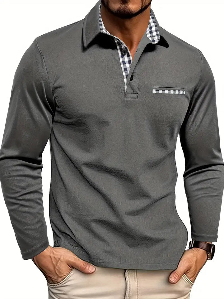 Heren Poloshirt met Lange Mouwen - Contrasterende Kraag met Ruitpatroon