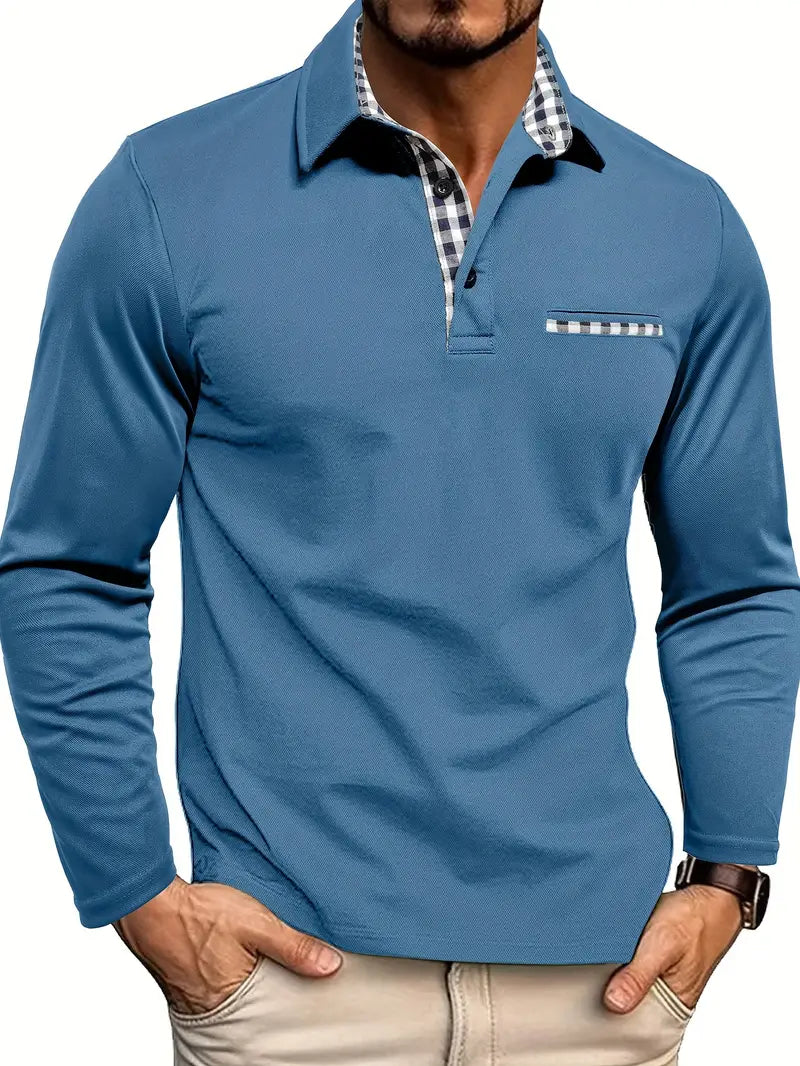 Heren Poloshirt met Lange Mouwen - Contrasterende Kraag met Ruitpatroon