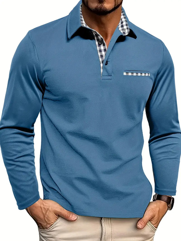 Heren Poloshirt met Lange Mouwen - Contrasterende Kraag met Ruitpatroon