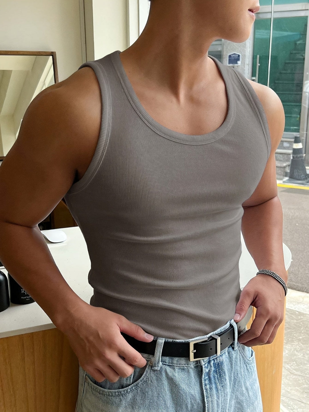 Heren Tanktop Rib Structuur met Aansluitende Pasvormvsv