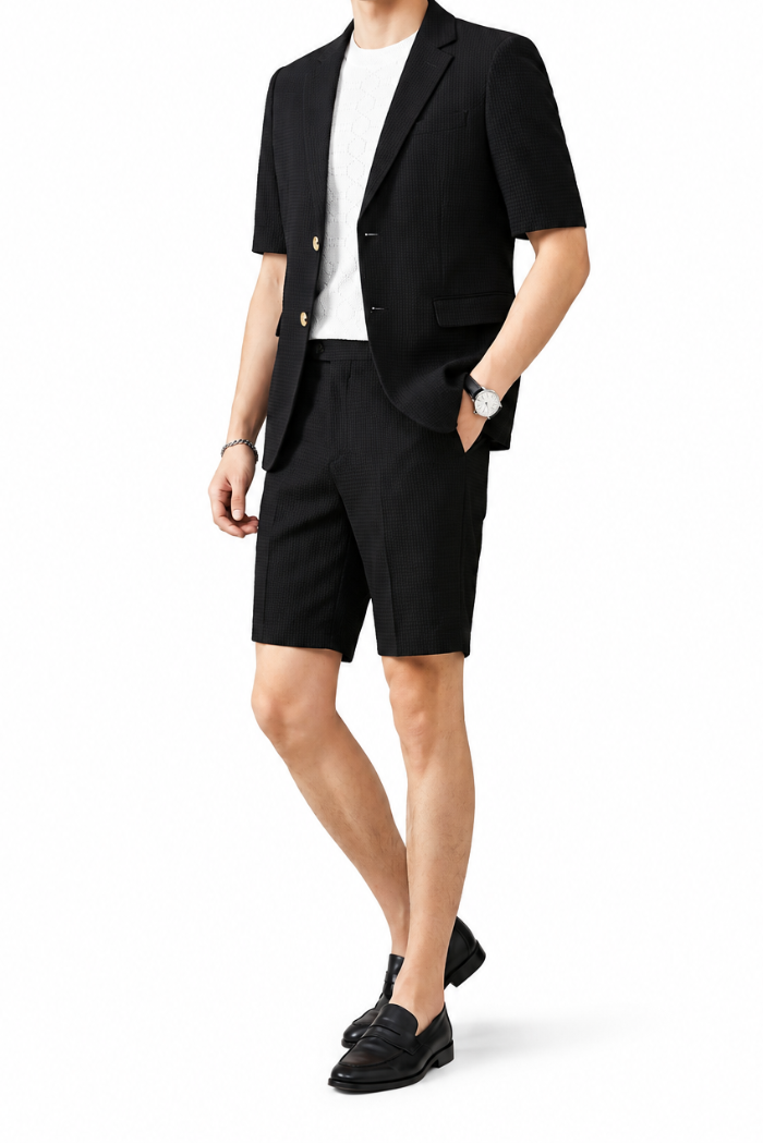 Heren Tweedelige Set - Blazer met Korte Mouwen en Tailored Shorts