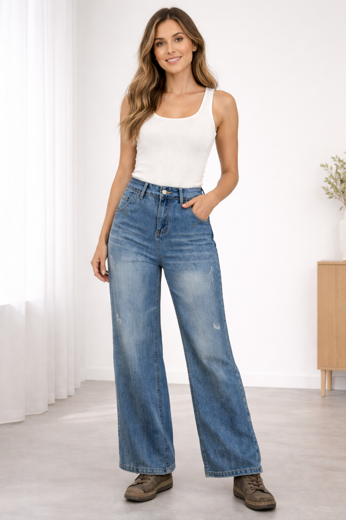 Jeans met wijde pijpen en hoge taille met vervaagde afwerking
