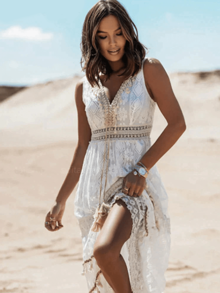 Maxi jurk met kant en V-hals – luchtige jurk met elegante detailsvece