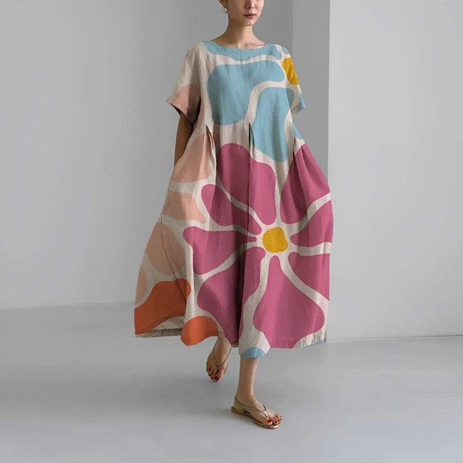 Oversized midi jurk met abstracte bloemenprint en korte mouwenv