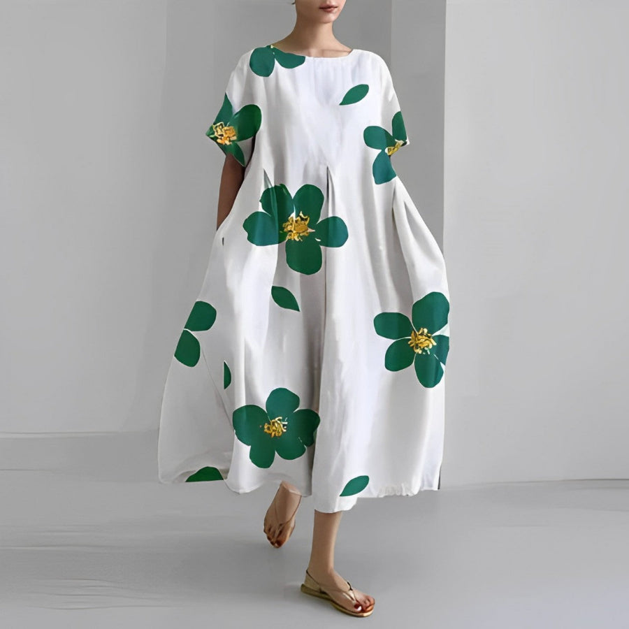Oversized midi jurk met abstracte bloemenprint en korte mouwenvve